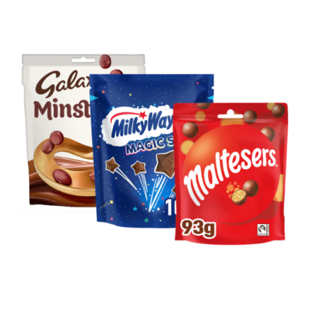 Galaxy Minstrels 118G, Mars Milky Way Magic Stars Bag 100G, or Maltesers Standard Pouch 93G
